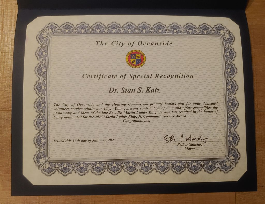 MLK Award Certificate from Mayor of Oceanside Esther Sanchez (3) Stan. S. Katz